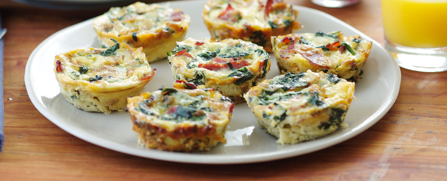 Recipes Mini Frittatas with Bacon, Caramelized Onions & Spinach Applegate